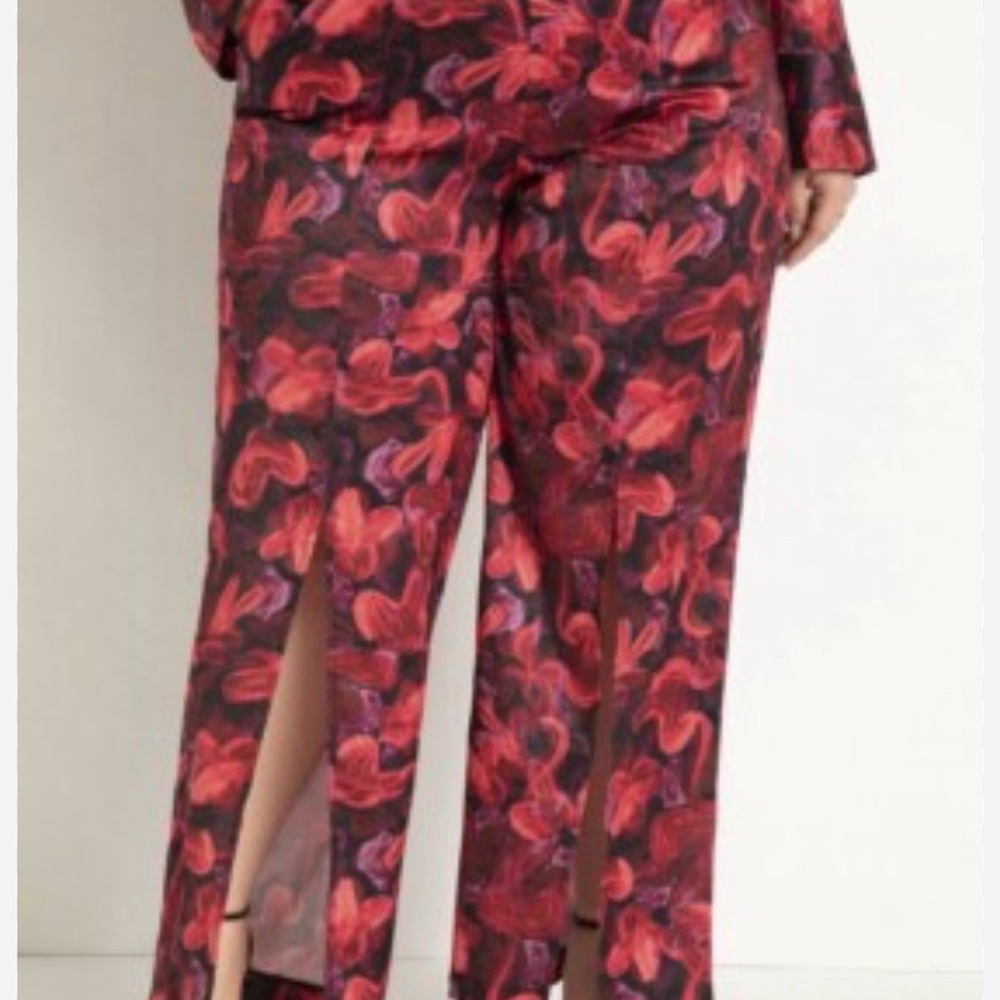 Red Floral Split-Front Wide Leg Pants